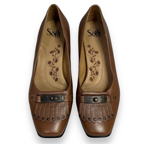 Sofft Women’s 10W Brown Cognac Leather Kitten Heels Pumps Retro Comfy Van Gogh - Picture 1 of 8